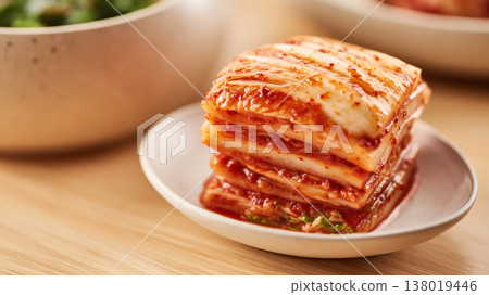 A macro photograph of beautifully arranged Korean napa cabbage kimchi in a small bowl. 138019446