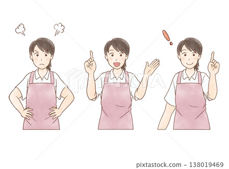 A refreshing female helper wearing an apron pose set (with icons) 138019469
