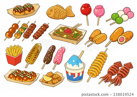 Cherry blossom viewing and food stall menu illustration set 138019524