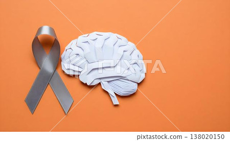 Brain and grey ribbon symbolizing awareness for brain cancer, highlighting strength, resilience, and support for patients and families Brain and grey ribbon symbolizing awareness for brain cancer, highlighting strength, resilience, and support for patients and families 138020150
