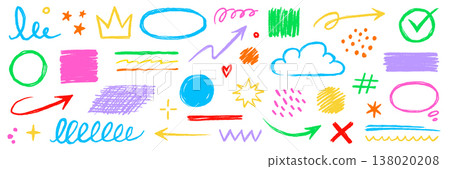 Hand drawn crayon texture pencil underline, arrow shape color element set. Scribble pastel texture brush stroke kid square, spiral, arrow hand drawn sketch abstract design. Vector Hand drawn crayon texture pencil underline, arrow shape color element set. Scribble pastel texture brush stroke kid square, spiral, arrow hand drawn sketch abstract design. Vector 138020208