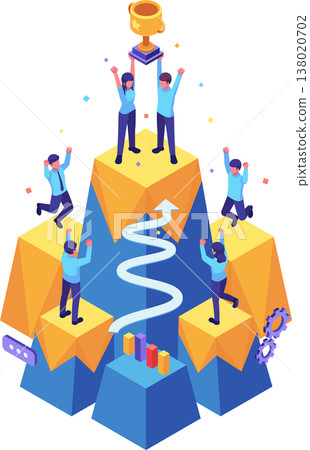 Isometric Team on Mountain Peak Celebrating Goal Achievement 138020702