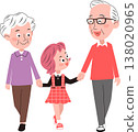 A smiling senior couple is taking a walk hand in hand with their little girl. 138020965