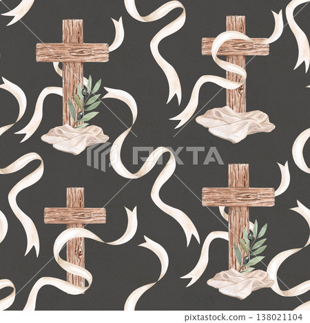 Wooden cross with bread, linen cloth, clay cup, linen cloth and flowing ribbon watercolor seamless pattern on gray. Religious compositions, suitable for Lent designs, communion, eucharist, packaging Wooden cross with bread, linen cloth, clay cup, linen cloth and flowing ribbon watercolor seamless pattern on gray. Religious compositions, suitable for Lent designs, communion, eucharist, packaging 138021104