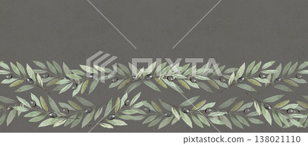 Olive branch horizontal watercolor seamless border isolated on gray. Illustration perfect for Christian design, Lent season, devotion projects, religious layouts. Symbol of peace, spiritual renewal. Olive branch horizontal watercolor seamless border isolated on gray. Illustration perfect for Christian design, Lent season, devotion projects, religious layouts. Symbol of peace, spiritual renewal. 138021110