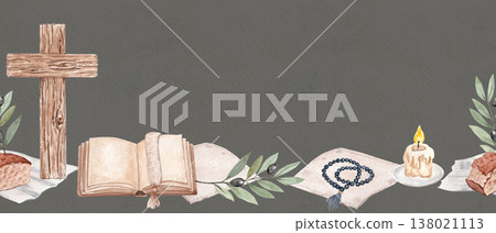 Hand-painted wooden cross with open book, rosary, candle stub, olive branch, bread, and linen napkin on muted gray-green background, seamless religious border, perfect for Lent, church bulletins, and 138021113