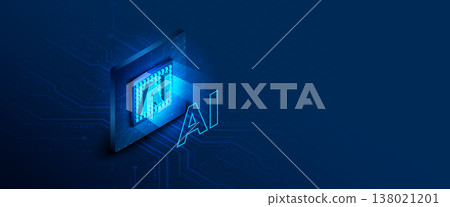Artificial intelligence AI processor chip on blue isometric digital circuit board background vector 138021201
