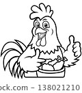 Cartoon Rooster Mascot with Fried Chicken Giving Thumbs Up 138021210