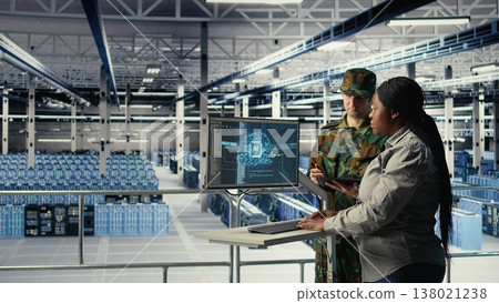 Army specialists in server room use advanced AI tools to review reconnaissance information. Military data center staff members run AI powered systems to help prepare for missions, camera A Army specialists in server room use advanced AI tools to review reconnaissance information. Military data center staff members run AI powered systems to help prepare for missions, camera A 138021238