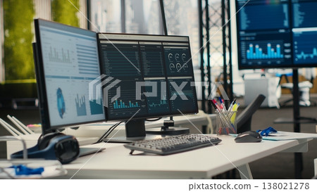 Empty business office is equipped with resources and dual monitors, digital tools for forecasting and report writing. Business strategy development for efficiency and performance. 138021278