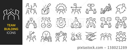 Team building icon set. It includes teamwork, communication, connection, collaboration and more icons. Editable Vector Stroke. Team building icon set. It includes teamwork, communication, connection, collaboration and more icons. Editable Vector Stroke. 138021289