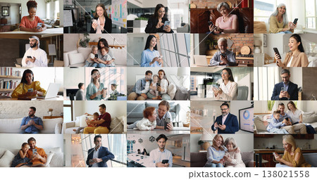 Collage of different people using smartphones at home or offices Collage of different people using smartphones at home or offices 138021558
