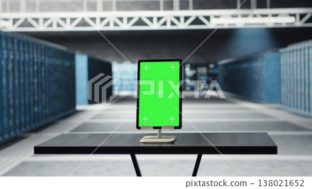 Chroma key devices in high tech data center facility with rows of server rigs infrastructure. Isolated screen tablet and laptop used to oversee server room built for digital storage mainframes 138021652
