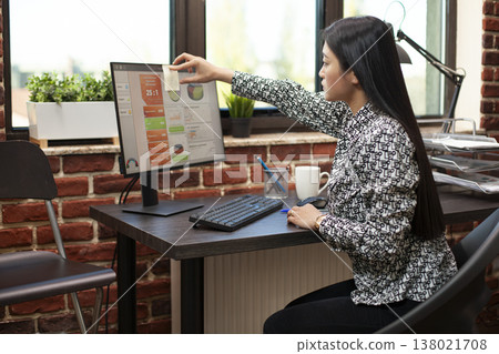 Businesswoman attaching sticky notes to her computer monitor, reviewing business analytics and meeting deadlines. Asian employee uses adhesive notes to manage tasks and prepare for upcoming projects. 138021708