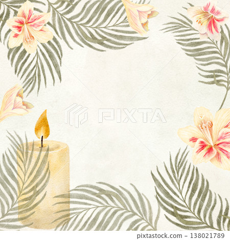 Candle, blooming lilies, palm leaves square frame on textured beige background, watercolor illustration perfect for Easter, Palm Sunday, memorial stationery, church decor, wrapping design, packaging 138021789