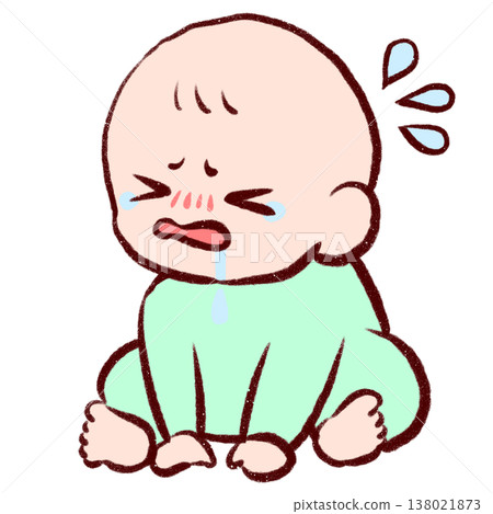 一幅手繪插圖，描繪了一個悶悶不樂的嬰兒弓著背坐著，大聲哭泣。 138021873