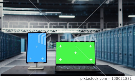 Close up of isolated screen tablet and mockup laptop in data center used for checking hardware for system stability. Chroma key devices used to oversee server farm and configure infrastructure 138021881