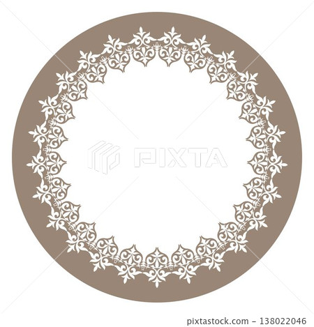 Vector illustration of circular lace frame in vintage-inspired design, featuring delicate white filigree and floral patterns on gold background, suitable for diverse creative uses. For plate, ceramic, Vector illustration of circular lace frame in vintage-inspired design, featuring delicate white filigree and floral patterns on gold background, suitable for diverse creative uses. For plate, ceramic, 138022046