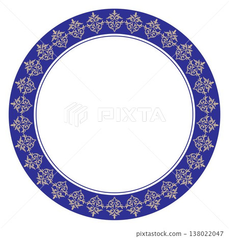 Beautiful blue and white round frame arabesques. Plate with floral design. Vintage, ethnic vector frame with arabesques EPS. Pattern frame for round surfaces, household utensils, textiles, embroidery, 138022047
