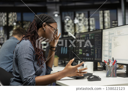 Engineer feeling disappointed in startup office after noticing error in machine learning code while doing quality assurance. IT specialist disapproving of mistakes in AI written programming language Engineer feeling disappointed in startup office after noticing error in machine learning code while doing quality assurance. IT specialist disapproving of mistakes in AI written programming language 138022123