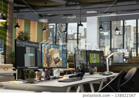 Empty agency with PC monitor showcasing blueprint drafting and 3D modeling software on screen. Digital program emphasizes creative floor plan visualization for layout in a office environment. 138022167
