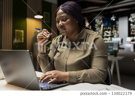 Focused businesswoman reflecting on a business strategy puzzle, envisioning creative concepts and projecting future outcomes. Deep contemplation to inspire a new perspective on the problem. Focused businesswoman reflecting on a business strategy puzzle, envisioning creative concepts and projecting future outcomes. Deep contemplation to inspire a new perspective on the problem. 138022179
