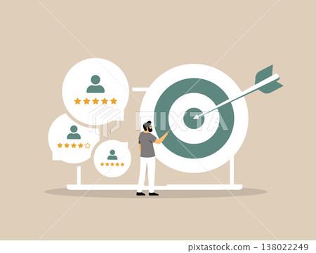 Customer review targeting system, user rating segmentation with feedback analysis and audience scoring for precision marketing. Reputation management improving conversion accuracy vector illustration 138022249