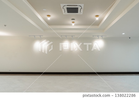 Empty interior room with a clean white wall and ceiling lighting ready for use in a minimal modern space. Empty interior room with a clean white wall and ceiling lighting ready for use in a minimal modern space. 138022286