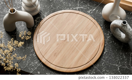 Top view of empty round wooden tray aside abstract vases on black marble table and flower tree brach 138022337