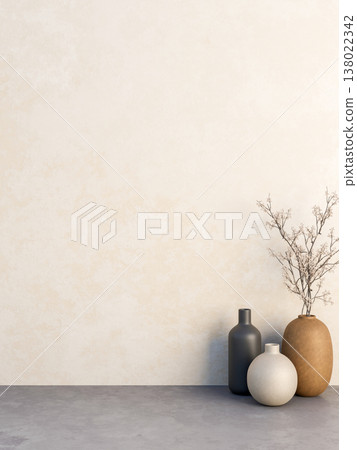 Various shape flower vases on grey cement or stone floor aside peeled old white vintage plaster wall 138022342