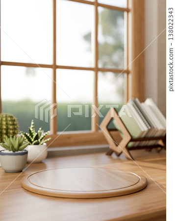 Empty round tray with book rack and cactus potrack on wooden table aside window in a living room or cafe 138022343