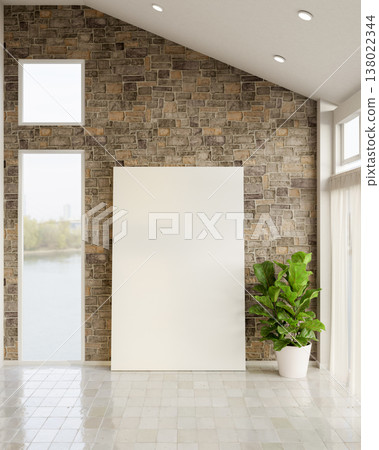 White canvas board leaning on bricks wall aside glass window and potted plant in a tiles floor room. White canvas board leaning on bricks wall aside glass window and potted plant in a tiles floor room. 138022344