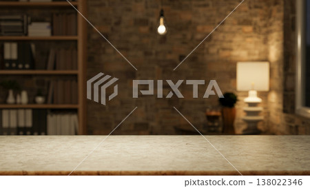 Empty blank marble counter table across wooden bookshelf and lamp with lightbulb in bricks wall room Empty blank marble counter table across wooden bookshelf and lamp with lightbulb in bricks wall room 138022346