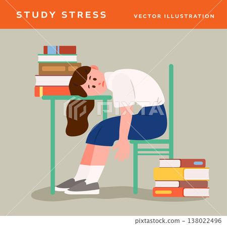ired student girl lying on her desk surrounded by piles of books 138022496