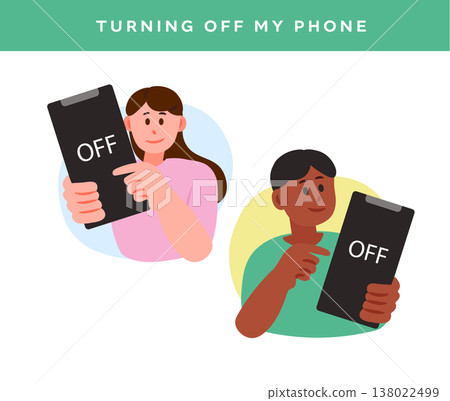 characters holding a turned-off smartphone and pointing with a finger 138022499
