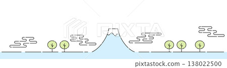 Simple, thin-line illustration of Mount Fuji: Black lines, light blue and green on a white background. Banner size. Simple, thin-line illustration of Mount Fuji: Black lines, light blue and green on a white background. Banner size. 138022500
