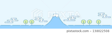 Simple, thin-line illustration of Mount Fuji: blue lines, light blue and green accents, blue background, banner size. Simple, thin-line illustration of Mount Fuji: blue lines, light blue and green accents, blue background, banner size. 138022508