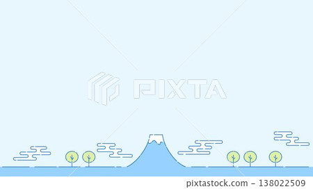 A simple, thin-line illustration of Mount Fuji with blue lines, light blue and green accents, and a blue background. 16:9 widescreen aspect ratio. A simple, thin-line illustration of Mount Fuji with blue lines, light blue and green accents, and a blue background. 16:9 widescreen aspect ratio. 138022509