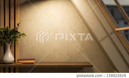 Flower vases and books on hanging floating wooden shelf on loft wall under roof window in attic room 138022629