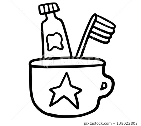 Cute hand drawn outline of toothbrush and toothpaste in cup for office workers, colouring book, sketch, house, interior, toiletry, bathroom vanity, lifestyle, morning routine, washroom, meal, cleaning 138022802