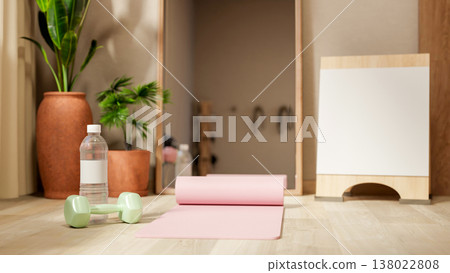 Dumbbell water bottle aside mat and signboard on wood floor with mirror in fitness gym exercise room 138022808