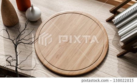 Top view of empty round tray aside book rack and flower vases on black wooden table under tree brach 138022815
