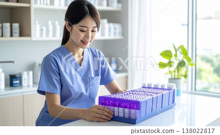 A smiling young Japanese nurse carefully checks prescription medications (image of drug inspection and safety management). 138022817