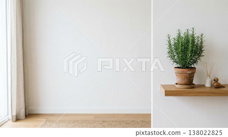 室內裝飾背景素材，以香草（迷迭香）和白色牆壁為特色，採用自然光，並留有文字空間。 138022825