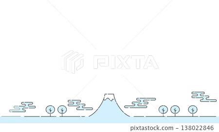Simple, thin-line illustration of Mount Fuji: black lines, light blue background, white background, 16:9 widescreen. 138022846