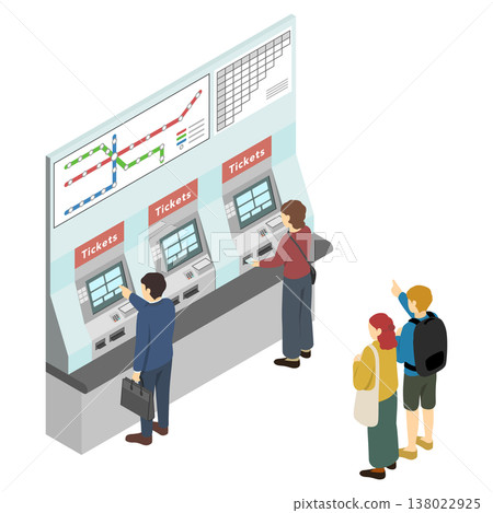 Isometric illustration: People buying tickets at a train station ticket machine Isometric illustration: People buying tickets at a train station ticket machine 138022925