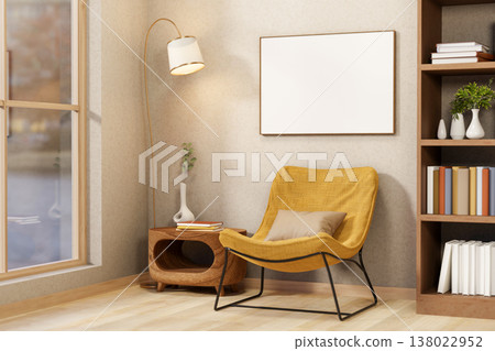 White frame over yellow fabric accent chair with bookshelf and lamp near glass window in modern room White frame over yellow fabric accent chair with bookshelf and lamp near glass window in modern room 138022952