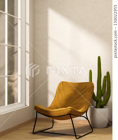 Mustard yellow fabric accent chair and cactus on wooden parquet floor aside window in living room. 138022955