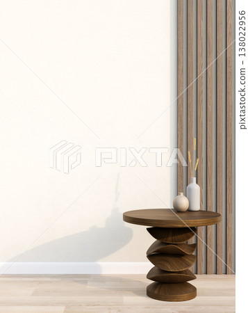 Flower vase on round wooden table with layered base on parquet floor and sunlight in white wall room 138022956