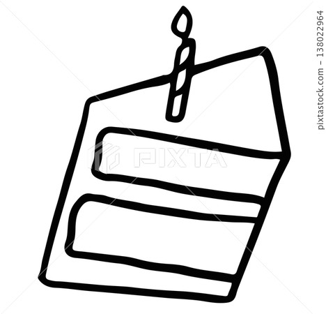 Hand drawn outline of cake slice with candle for birthday cake, colouring book, sweet dessert, cafe, restaurant, menu, recipe, baking book, food, snack, card, party, bakery, pastry, brunch, vegan cake Hand drawn outline of cake slice with candle for birthday cake, colouring book, sweet dessert, cafe, restaurant, menu, recipe, baking book, food, snack, card, party, bakery, pastry, brunch, vegan cake 138022964